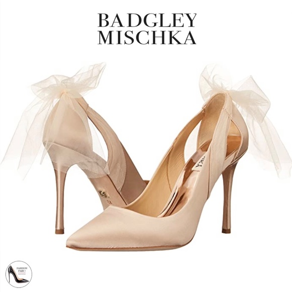 Badgley Mischka Kinsley Tulle Bow Detail Pumps Nude Stiletto Heel Evening Shoes - Picture 2 of 12